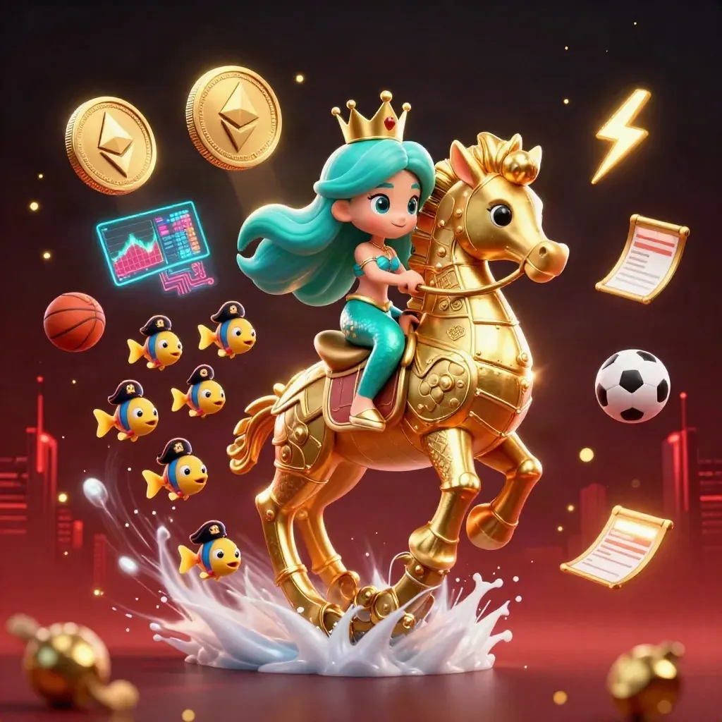 Mermaid princess rides a gold seahorse through casino coins, charts, and electric lights.