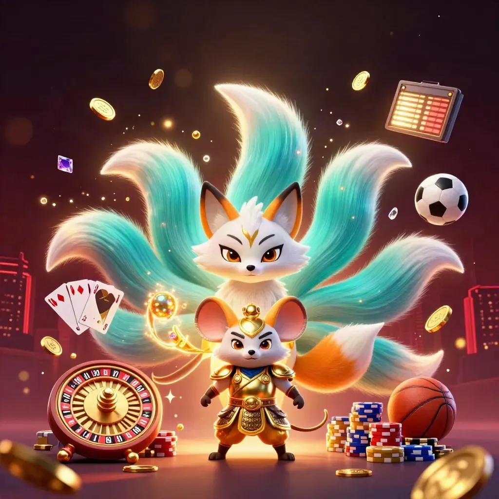 Neon fox spirit, armored mouse, flying casino chips and sports gear in a dark premium glow