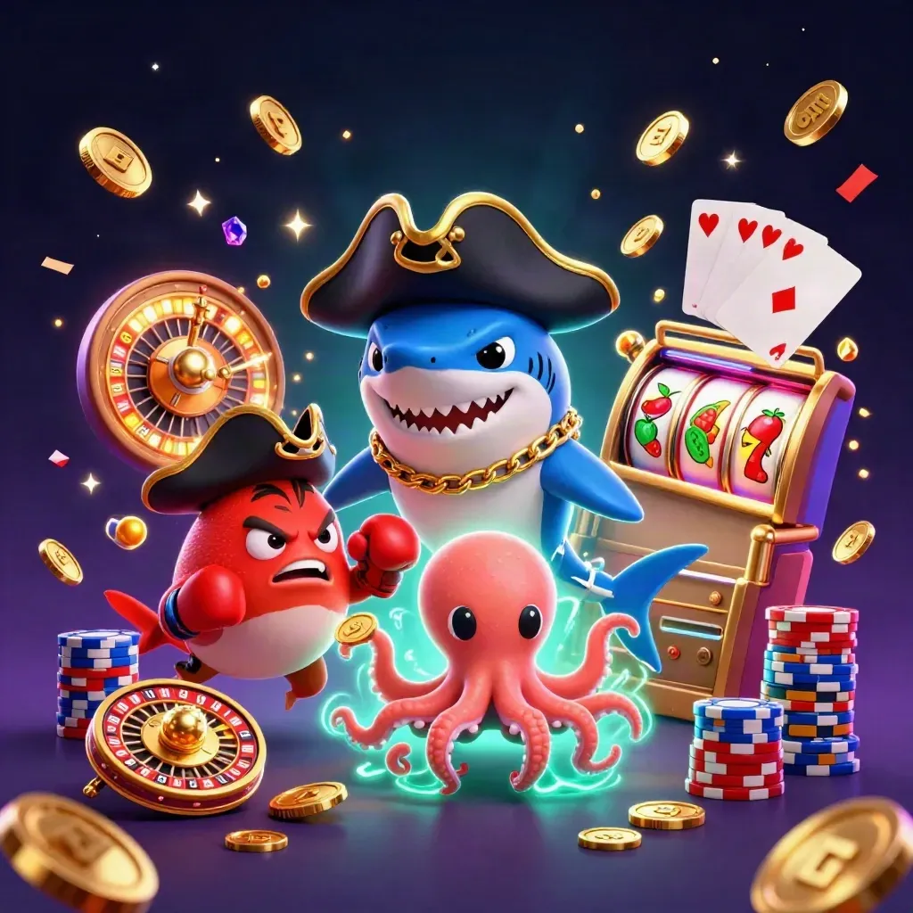 Pirate shark, boxing pufferfish, and juggling octopus amid casino treasures and glowing effects.