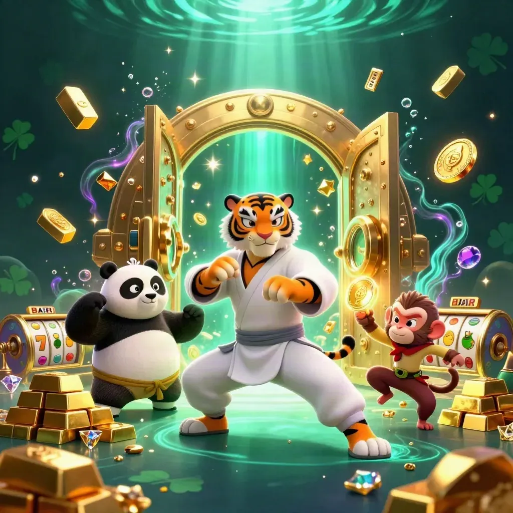 Kung-fu tiger, panda, and monkey burst from a golden vault amid gems and casino magic.
