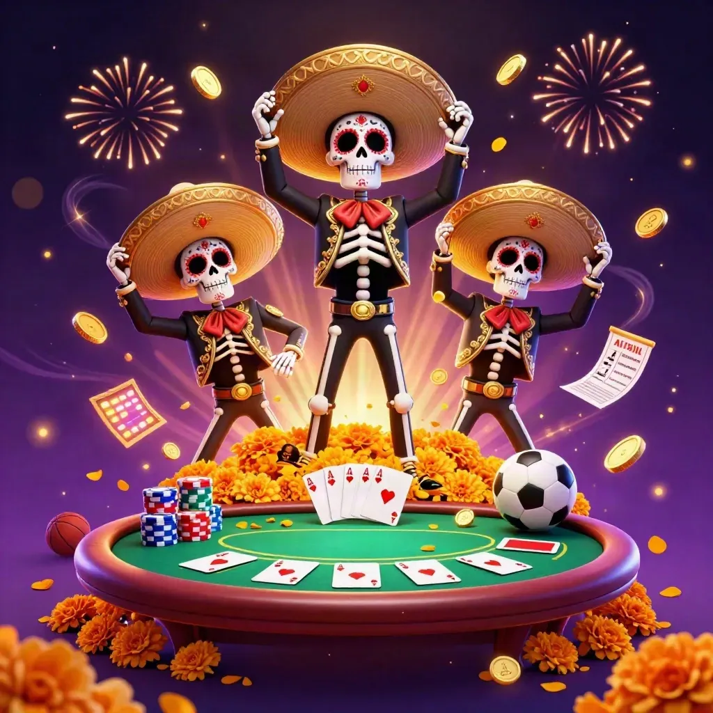 Skeleton mariachi trio amid coins, cards, chips, fireworks, and casino glow