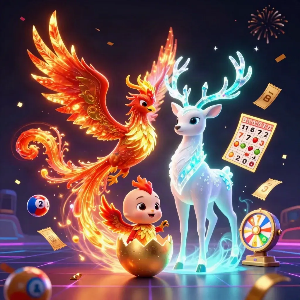 Fire phoenix, baby phoenix in egg, and crystal stag amid casino reels, balls, fireworks