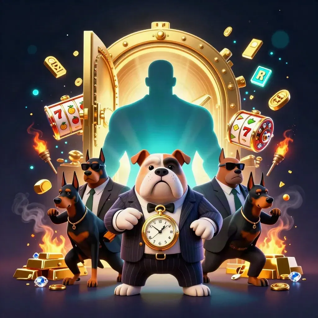 Mobster bulldog and two Dobermans amid gold vault loot, teal sparks, and casino glow.